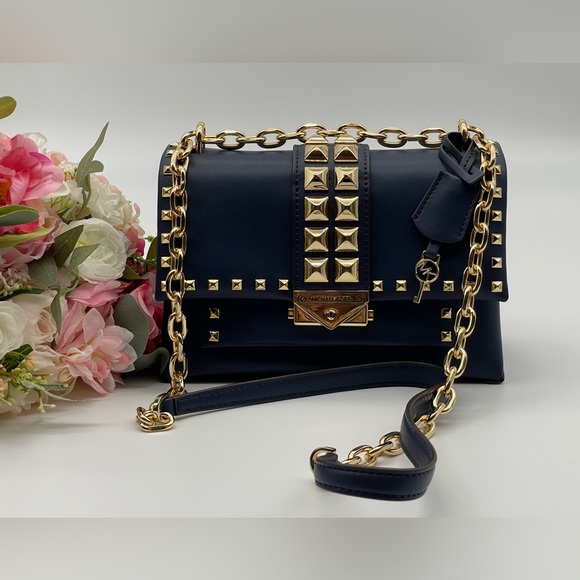 Michael Kors Navy Faux Leather Studs Satchel Shoulder Bag - Picture 5 of 16